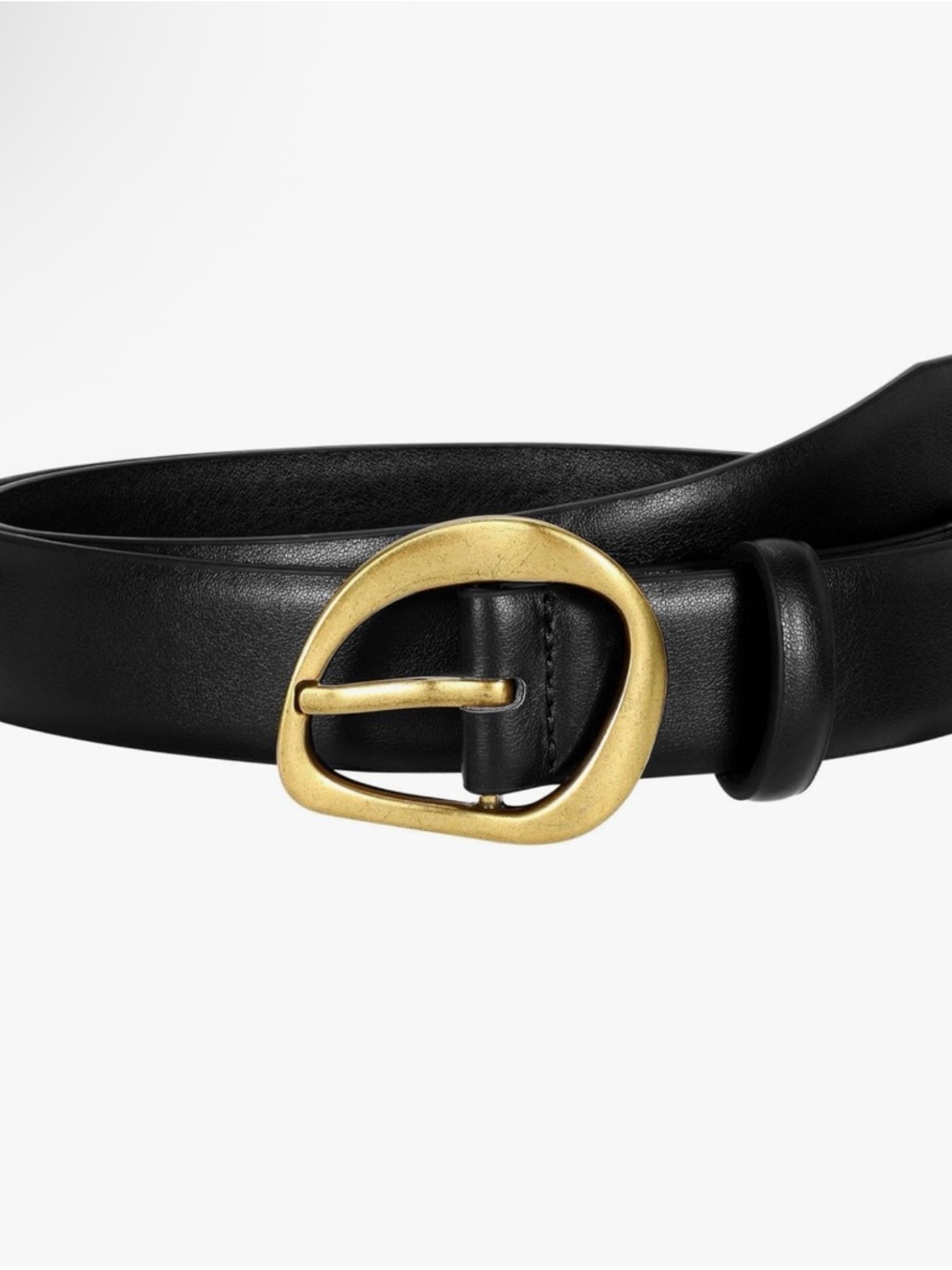 Black Leather Belt with Gold Oval Buckle
